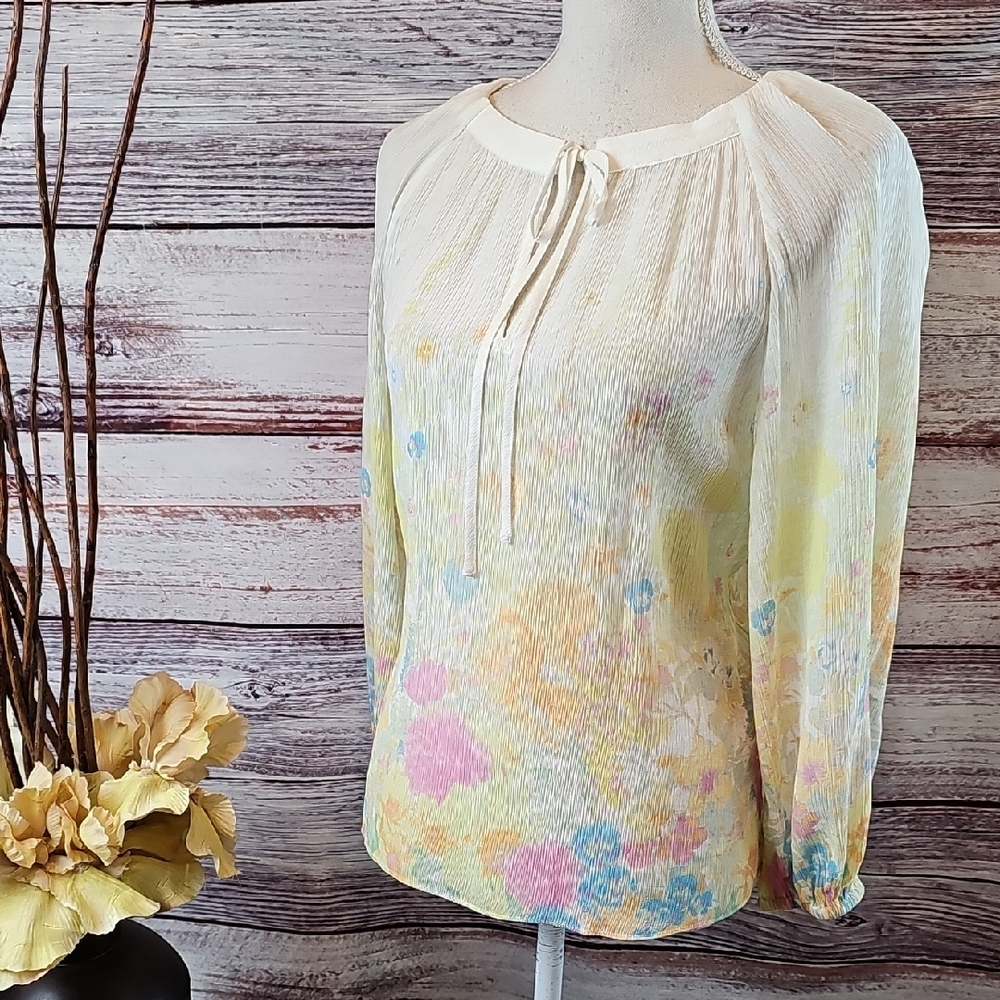 NWT CURRENT AIR SHEER FLORAL LONG SLEEVE TIE NECK BLOUSE